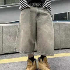 SHEIN PAVTROS ウォッシュ加工ワイドレッグデニムショーツ