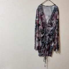 希少✨アートプリント 深Vネック 長袖シャツ 総柄 輸入古着 一点物