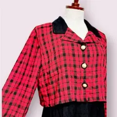 vintageヴィンテージワンピースチェックレイヤード赤黒レトロUSA海外古着