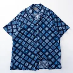 ビンテージ古着00s 開襟 とろみ 装飾 オーナメント 幾何学 紺 総柄シャツ
