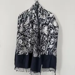 カシミール刺繍 パシュミナ100% 大判ショール ネイビー×シルバー