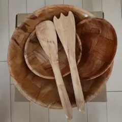 木製ボウルとサーバー(スプーン&フォーク)セット