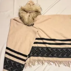 ファー付きストライプ柄ショール　ポンチョ