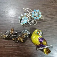 カラフルな鳥と花のブローチセット 七宝焼
