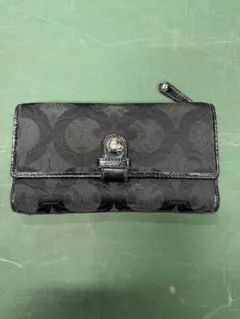COACH ラウンド長財布 黒/グレー シグネチャー ファスナー