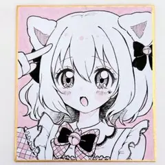 手描きイラスト 色紙 猫耳メイド(ラメ入り絵の具)