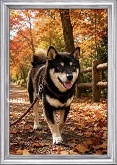 黒柴犬の秋散歩｜紅葉の小径 癒しの犬アート