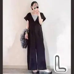 サロペット レディース Vネックオールインワンワイドパンツ体型カバーゆったり春夏