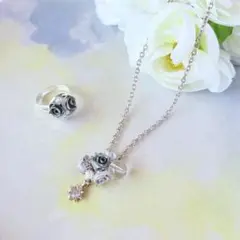 SALE　10 シルバーグレーのバラ　ネックレス　フリーリング　指輪　セット