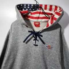Dickies　デザイン　フーディー　パーカー　M　ワッペンロゴ　グレー　古着