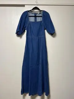 ZARA スクエアネックデニムフレアワンピース ロング XS