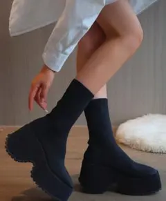 SHEIN シーイン 厚底ニットミドルブーツ　24.0cm CN38ブラック