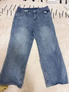 大きいサイズ)ライトブルーデニムワイドレッグパンツ