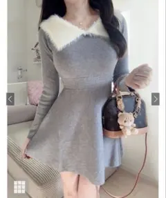 GRL tu1276 フェザーオフショルカラーフレアニットミニワンピース　グレー