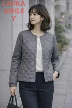 LAURA ASHLEYキルティング ノーカラージャケットグレー / 中綿入り