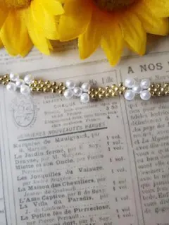 パールビーズ　ゴールドビーズのフラワー　ブレスレット　１８cm　ハンドメイド