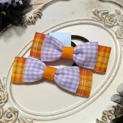 ハロウィン　HALLOWEEN　ヘアゴム　ダブルリボン　チェック柄　ツインテール
