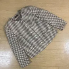 【ジャケット】ノーカラー ベージュ 千鳥柄 レトロジャケット