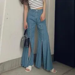 ジェイダ　フロントレースアップデニムパンツ　フリンジ　フレア