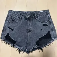 shein ダメージ加工 ブラックショートデニムパンツ