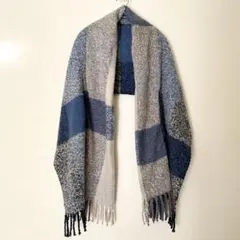 【美品】ストール ショール チェック 青 グレー ふわふわ