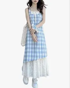 重ね着風 キャミワンピ チェック柄 レース レイヤード ノースリーブ