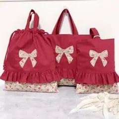 【サイズオーダー可】3点セット レッスンバッグ 上履き入れ 巾着袋 花柄 赤