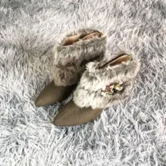 Mellow.【M/23cm】 カーキ ムートン ブーツ ファー ポインテッド