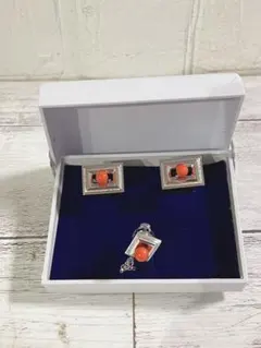 シルバー カフリンクス セット オレンジ玉