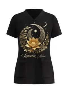 【新品・未使用】SHEIN ラマダンデザイン スクラブ 半袖 Tシャツ ブラック