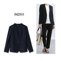 INDIVI インディヴィ ウール調ノーカラージャケット ブラック 40 L