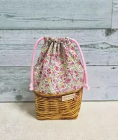 花柄(ピンク)のマチ付き巾着 給食袋 コップ袋