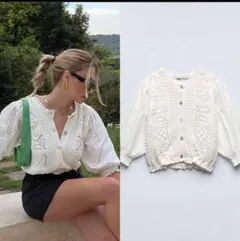 新品 ZARA コントラストニットカーディガン L 白 パフスリーブ 刺繍 完売