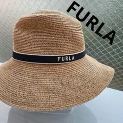 美品⭐FURLA フルラ ロゴ刺繍リボン ペーパーストローハット 帽子 S～M