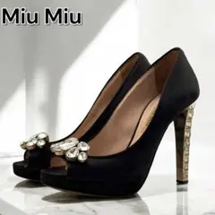 miu miu ミュウミュウ オープントゥパンプス ビジュー サテン ブラック