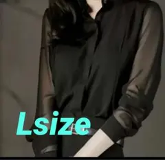 シフォンブラウス 長袖 スタンドカラー シアースリーブ 春夏 エレガント 黒 L