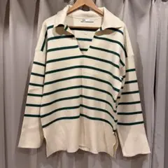 ZARA アイボリー グリーンボーダー ニット