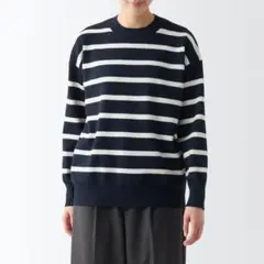 洗えるミラノリブ編みクルーネックセーター婦人Ｓ・ネイビーボーダー