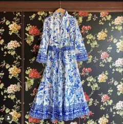 [Wildlily] ウエストリボン付き 襟付き 前開き 長 フラワーワンピース