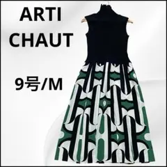 アーティショ✨切替ニットワンピ ノースリーブ M ハイネック ロング 幾何学模様