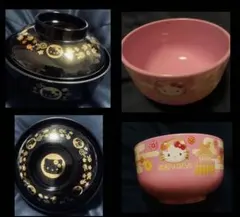 ハローキティ 汁椀 お椀 黒 金 花柄 サンリオ 限定 ご当地どんぶりセット☆のサムネイル