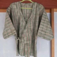 緑とオレンジのチェック柄 半纏　ハンドメイド