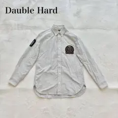 【ダブルハート】ボタンダウンシャツ（M）ストライプ 刺繍ロゴ 英字 ワッペン