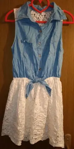 ワンピース ノースリーブ レース デニム 重ね着風 Y2K 平成ギャル