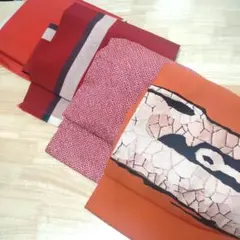 二部式作り帯♥付け帯♥いろいろ4点セット♥絞り♥無地♥ウール♥赤オレンジ暖色系
