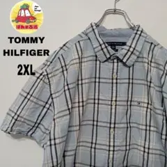 USA古着 TOMMY HILFIGER　半袖ボタンシャツ2XL　ライトブルー