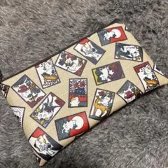 ハンドメイド☆ファスナーポーチ☆猫と花札柄 茶系④猪鹿蝶ラミネートポーチ550