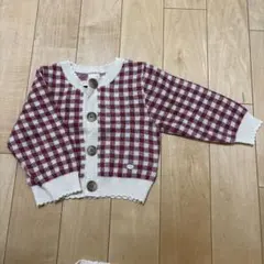 赤と白のチェック柄カーディガンとタンクトップセット Sサイズ(80-90cm)