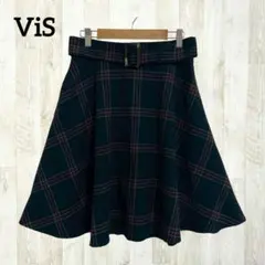 ビス ひざ丈フレアスカート L ネイビー 紺 ピンク チェック ベルト付き 上品