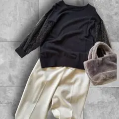 【最終価格】チュール袖×ラメ刺繍 大人フェミニン黒ニット 上品きれいめコーデ